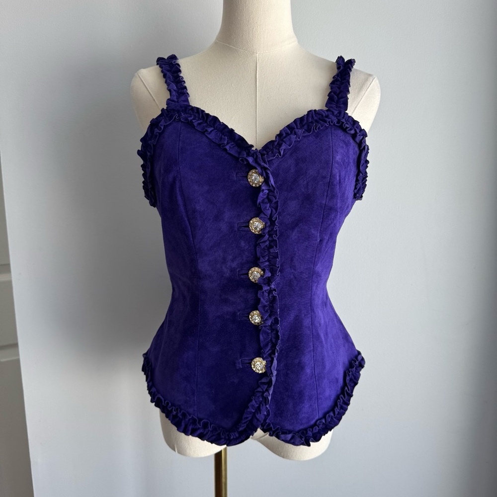 Vintage Danier Purple Suede Corset Top Sz Small Bustier Ruffle Trim Leather Sexy - Picture 2 of 16